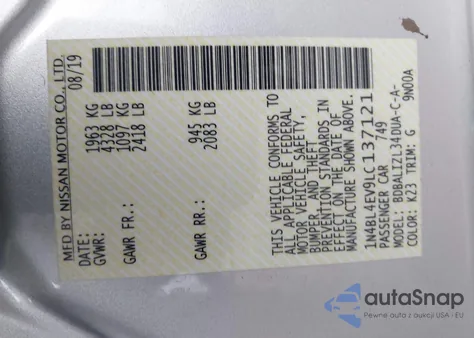 2020 Nissan Altima Sl Fwd из США, поврежденный, VIN 1N4BL4EV9LC137121